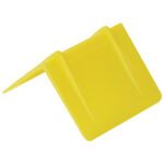 A yellow plastic triangular wedge with a flat base and smooth surfaces serves as a doorstop or leveling tool, similar to MH-USA 2 1/2 x 2 - Yellow Plastic Strap Guards (1000/Case).