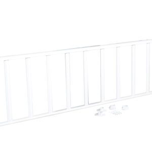 The Vestil White Semi-Permanent Barrier/Railing features vertical bars on a plain backdrop and includes accessories like brackets and screws for semi-permanent installation.