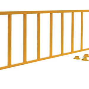 The Vestil Yellow Semi-Permanent Barrier/Railing is a yellow metal safety barrier featuring vertical bars and a sleek design, accompanied by four matching yellow mounting brackets.