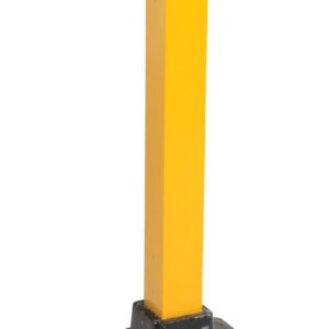 A rectangular yellow bollard with a black base, akin to the Vestil Yellow Semi-Permanent Barrier - Post, is designed for traffic or parking control and stands upright on flat surfaces.
