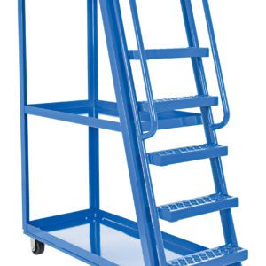 The Vestil High Frame Cart 21.5X50.75Mold-On-Rubber, in striking blue, features five steps, safety rails, two storage shelves, and four mold-on-rubber wheels for easy mobility—perfect for any workspace need.