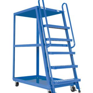 A five-step blue rolling warehouse ladder with a safety guardrail and rectangular top platform, designed for industrial environments. It features wheels for easy mobility, pairing well with equipment such as the Vestil High Frame Cart 27.5 x 51 Mold-On-Rubber.