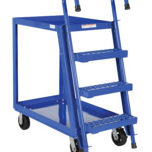 The blue Vestil Stock Picker ladder cart is a mobile warehouse tool with three grip-tread steps, two handles, and four wheels. It features front wheel stoppers for stability, a flat top platform, and measures 22x36 inches in durable rubber and steel.