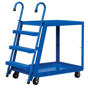 The Vestil Stock Picker 2 Shelf features a blue mobile steel step ladder with three steps, caster wheels, safety rails, and a platform. It includes a 22 x 36 mold/rubber storage shelf under the top step, perfect for industrial or warehouse use.
