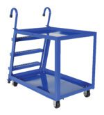 The Vestil Stock Picker 2 Shelf 28 X 48 Mold/Rubber cart features a robust blue metal frame with four wheels for easy mobility, hooks and angled slots on one side, and an open flat surface below—perfect for mold or rubber storage.