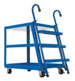 The Vestil Stock Picker 3 Shelf 22x36 features a blue rolling cart with three shelves, four side steps, handles for easy maneuvering, and four wheels for mobility—ideal for tasks requiring fast access to elevated items.