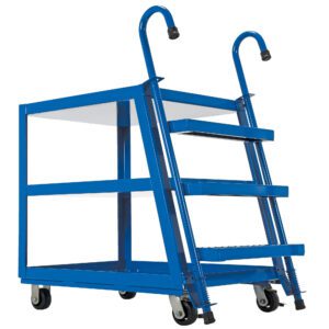 The Vestil Stock Picker 3 Shelf 22x36 features a blue rolling cart with three shelves, four side steps, handles for easy maneuvering, and four wheels for mobility—ideal for tasks requiring fast access to elevated items.