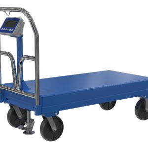 The blue Vestil Steel Platform Truck 3.6K 24X48 W/Scale is an industrial cart with four sturdy wheels, a metal handlebar, and a digital display screen on a stand near the handle for convenient weight tracking and efficient transport.