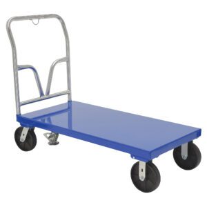 The Vestil Steel Platform Truck 3.6K 24 X 48 boasts a blue flatbed, metal handle, and four black wheels, making it ideal for efficient item transport.