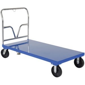 The Vestil Steel Platform Truck 3.6K 30 X 60, featuring a durable blue flatbed, sturdy metal handle, and four reliable black wheels is set against a crisp white background. This versatile cart provides ample space for efficiently transporting heavy loads.