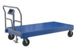 The blue industrial platform scale has a digital display on a tall handle, similar to the Vestil Steel Platform Truck 3.6K 36X72 W/Scale. It features a flat surface ideal for weighing large items and four wheels for easy movement—two at the front and two at the back.