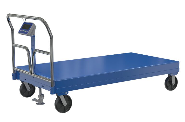 The blue industrial platform scale has a digital display on a tall handle, similar to the Vestil Steel Platform Truck 3.6K 36X72 W/Scale. It features a flat surface ideal for weighing large items and four wheels for easy movement—two at the front and two at the back.
