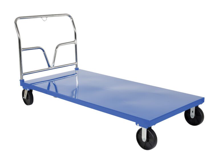 The blue Vestil Steel Platform Truck 3.6K 36 X 72 has a rectangular, metallic platform, four black wheels, and a sturdy metal handle. Its ideal for effortless heavy item transport in warehouses or shops.