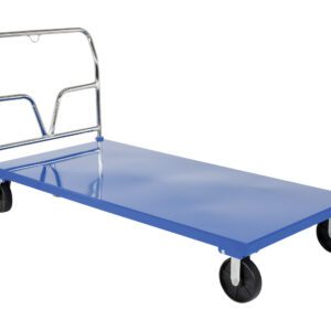 The blue Vestil Steel Platform Truck 3.6K 36 X 72 has a rectangular, metallic platform, four black wheels, and a sturdy metal handle. Its ideal for effortless heavy item transport in warehouses or shops.
