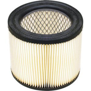 The Shop-Vac Small Replacement Cartridge Filter, sold 2 per case, has a cylindrical design with pleated paper and black rubber rims. Its hollow core features an intricate mesh pattern for optimal filtration efficiency.