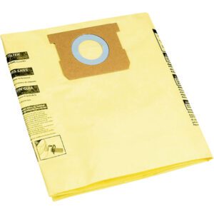 A folded yellow Shop-Vac Replacement Bag for 5-8 gallon vacuums, featuring a blue seal and brown cardboard collar, is shown with black text and diagrams on the left. Available in cases of 10, these bags ensure efficient cleaning performance.