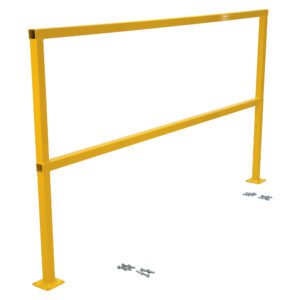 The Vestil Safety Handrail W/Hardware No Toeboard 108 In is a bold yellow metal structure with a crossbar, set against a white backdrop. Bolts and nuts are scattered near its base, enhancing its sturdy design.