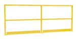 The Vestil Safety Handrail W/ Toeboard 108 In features a yellow railing with three horizontal bars, two vertical supports, and a solid bottom section for enhanced stability and security in any workspace.