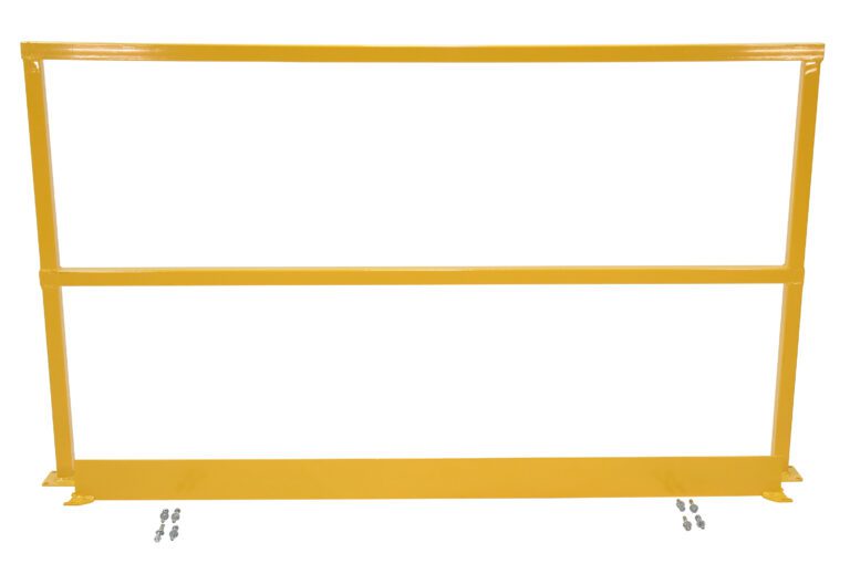 SQ-120-TB-HWR_A.jpg The Vestil Safety Handrail W/Hardware & Toeboard 120 in yellow has a rectangular frame with two horizontal bars. Four metal connectors contrast with the white floor, highlighting the guardrails structure.