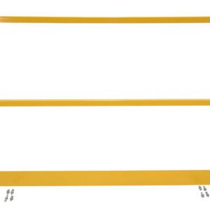 The Vestil Safety Handrail W/Hardware & Toeboard 120 in yellow has a rectangular frame with two horizontal bars. Four metal connectors contrast with the white floor, highlighting the guardrails structure.