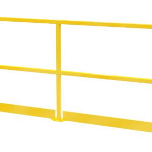 The Vestil Safety Handrail W/ Toeboard 120, pictured on a white background, features three horizontal bars and two base plates for stability, ensuring reliable safety across various environments.