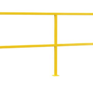 The Vestil Safety Handrail No Toeboard 120 is a yellow metal safety barrier with three horizontal beams and two vertical supports, each with a flat rectangular base plate for secure installation against a white background.