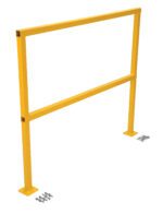The Vestil Safety Handrail W/Hardware No Toeboard 48 includes a yellow guardrail with a rectangular frame, two legs with base plates, and hardware for secure mounting in industrial or construction settings.