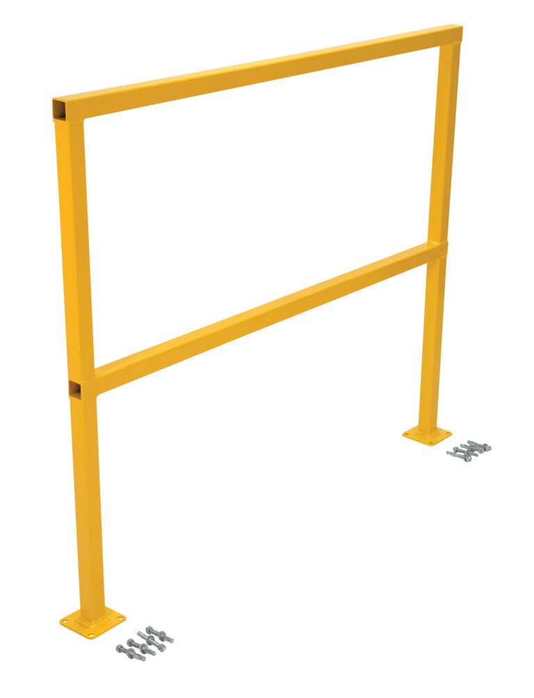 SQ-48-HWR_A.jpg The Vestil Safety Handrail W/Hardware No Toeboard 48 includes a yellow guardrail with a rectangular frame, two legs with base plates, and hardware for secure mounting in industrial or construction settings.