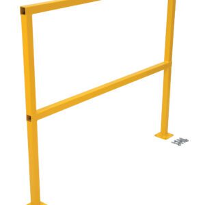 The Vestil Safety Handrail W/Hardware No Toeboard 48 includes a yellow guardrail with a rectangular frame, two legs with base plates, and hardware for secure mounting in industrial or construction settings.