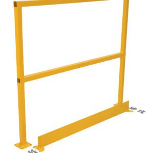 The Vestil Safety Handrail W/Hardware & Toeboard 48 is a freestanding yellow guardrail with a rectangular frame, horizontal mid-rail, and bottom toe board. It includes bolts and nuts for secure assembly or ground attachment.