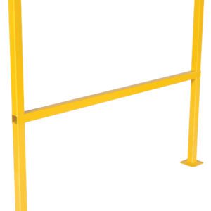 The Vestil Safety Handrail No Toeboard 48 is a yellow metal railing with a rectangular frame and flat base, ideal for industrial or construction sites, featuring a middle horizontal bar for stability.