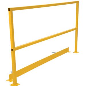 The yellow metal safety guardrail features a rectangular frame, two vertical supports, and a horizontal base. Its ideal for barriers or crowd control and includes the Vestil Safety Handrail-W/Hardware & Toeboard 72. The design is showcased against a plain white backdrop.