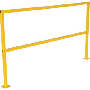 The Vestil Square Safety Handrail No Toeboard 72 includes a metal yellow safety rail with dual vertical posts and horizontal bars, designed as a freestanding industrial barrier or guardrail for diverse environments.
