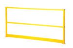 The Vestil Square Safety Handrail W/ Toeboard 84 is bright yellow with horizontal bars and a solid bottom panel. Its simple, industrial design makes it ideal for construction sites or safety areas.