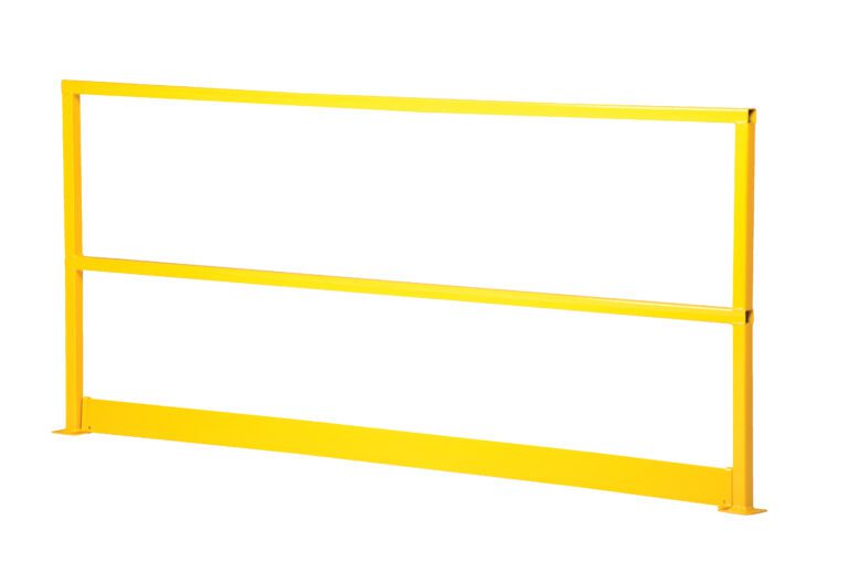 The Vestil Square Safety Handrail W/ Toeboard 84 is bright yellow with horizontal bars and a solid bottom panel. Its simple, industrial design makes it ideal for construction sites or safety areas.