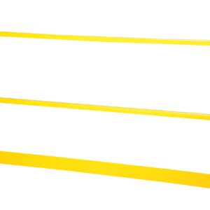 The Vestil Square Safety Handrail W/ Toeboard 84 is bright yellow with horizontal bars and a solid bottom panel. Its simple, industrial design makes it ideal for construction sites or safety areas.