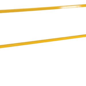 The Vestil Square Safety Handrail No Toeboard 84 is a yellow metal railing featuring a rectangular form with two vertical legs, a top horizontal bar, an extra mid-section horizontal support, and flat-based legs for stability on a plain white background.