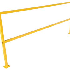 The Vestil Square Safety Handrail No Toeboard 96 is a yellow metal safety railing featuring dual horizontal bars, vertical supports, and flat base plates for stability. Ideal for industrial or construction use, its freestanding design ensures reliability.