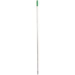 The image displays the MH-USA 61 Aluminum Threaded Handle, which has a green plastic grip at the top and a tapered end below. The metal pole is sleek and slender, presented vertically against a white background.
