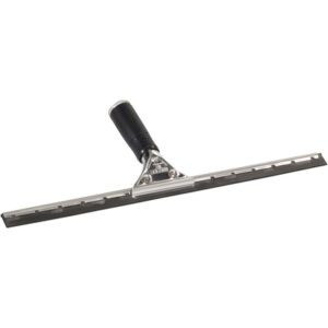 The MH-USA 18 Stainless Steel Window Squeegee features a stylish silver design with a black handle and a long, flat blade, ideal for removing moisture or cleaning solution. Its robust metal bracket ensures the blade is firmly attached to the handle for effective cleaning.