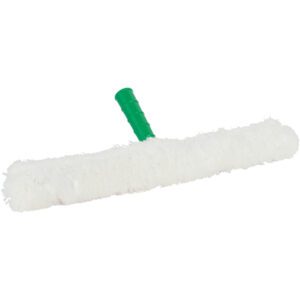 The MH-USA 18 Window Washer has a fluffy, white mop with a green plastic handle. Its T-shaped design and soft, elongated pad make it perfect for cleaning surfaces efficiently.