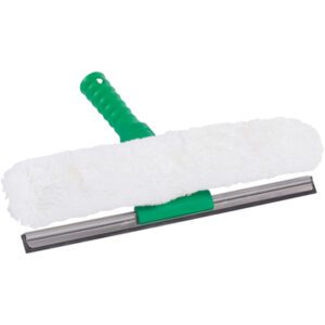The MH-USA 14 Combo Tool Window Washer has a green textured grip handle and features a squeegee on one side and a fluffy white cleaning pad on the other for effective window care.