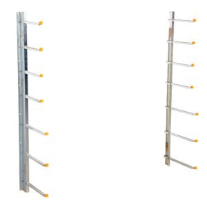 The Vestil Wall Mounted Material Rack, holding up to 1000 lbs, features two vertical metal racks with horizontal arms, each ending in a yellow cap. Ideal for storage or organization, its set against a white background.