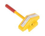 This yellow lockout device, featuring a red handle, secures machinery with warning labels for maintenance safety. Its angled design and sturdy metal construction reflect the reliability of the Vestil Single Steel Rail Chock 7.5 In Width.