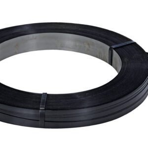 A tightly wound coil of Vestil Steel Strapping 3/4 In is secured with two black tape pieces, with a loose end extending, placed on a plain white surface.