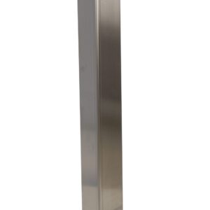An upright, tall aluminum post with a smooth, reflective surface stands against a white background. Its slightly rounded edges evoke the Vestil Stainless Steel Square Corner Guard 48In, enhancing its sleek and metallic finish.
