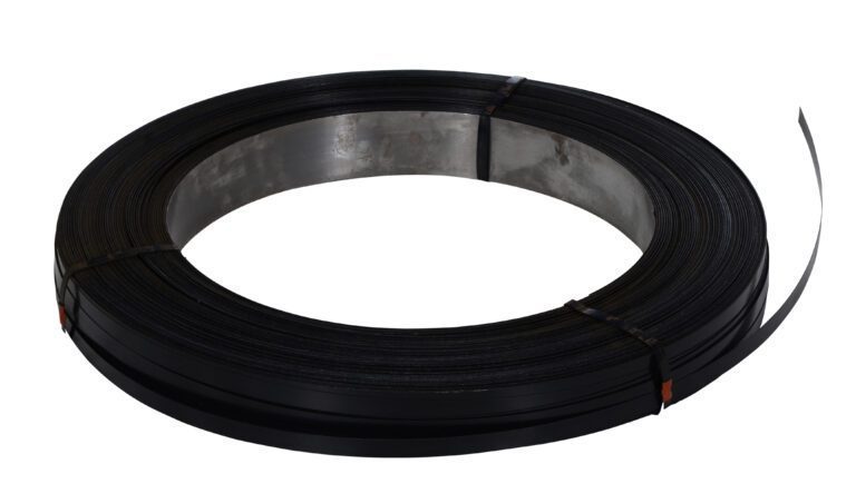 A large coil of Vestil Steel Strapping 5/8 In is neatly wound and secured with metal bands, with one end extending outward to display its thickness and texture against a plain white background.