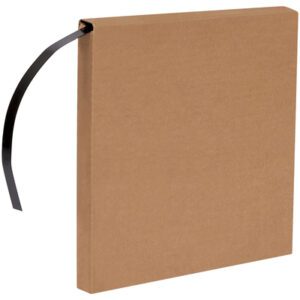 A brown square cardboard box, adorned with a black ribbon at its top left corner, sits against a plain white backdrop. Its ideal for organizing essentials like the MH-USA 3/4 x .020 Gauge x 300 High Tensile Steel Strapping.