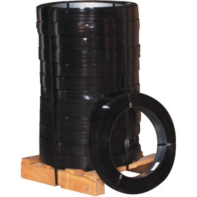 SS34020.jpg A pallet is filled with rolls of black plastic strapping for package security. Among them, one roll features a circular shape and smooth texture. Similarly, the MH-USA 3/4 x .020 Gauge x 1,960 Regular Duty Steel Strapping (100Lbs/Coil) offers dependable package securing.