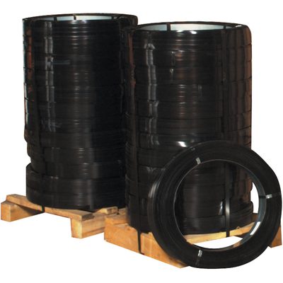 SS34020HT.jpg Two large stacks of MH-USA 3/4 x .020 Gauge x 1,960 High-Tensile Steel Strapping (100Lbs/Coil) are placed on wooden pallets. One coil is positioned upright in front, displaying its circular form. The shiny strapping appears uniform and weighs 100 lbs per coil.
